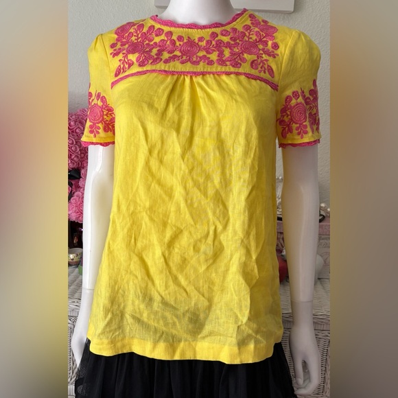 Boden Cotton Linen Peasant Blouse embroidered short sleeve yellow & pink Size 2 - Picture 1 of 9